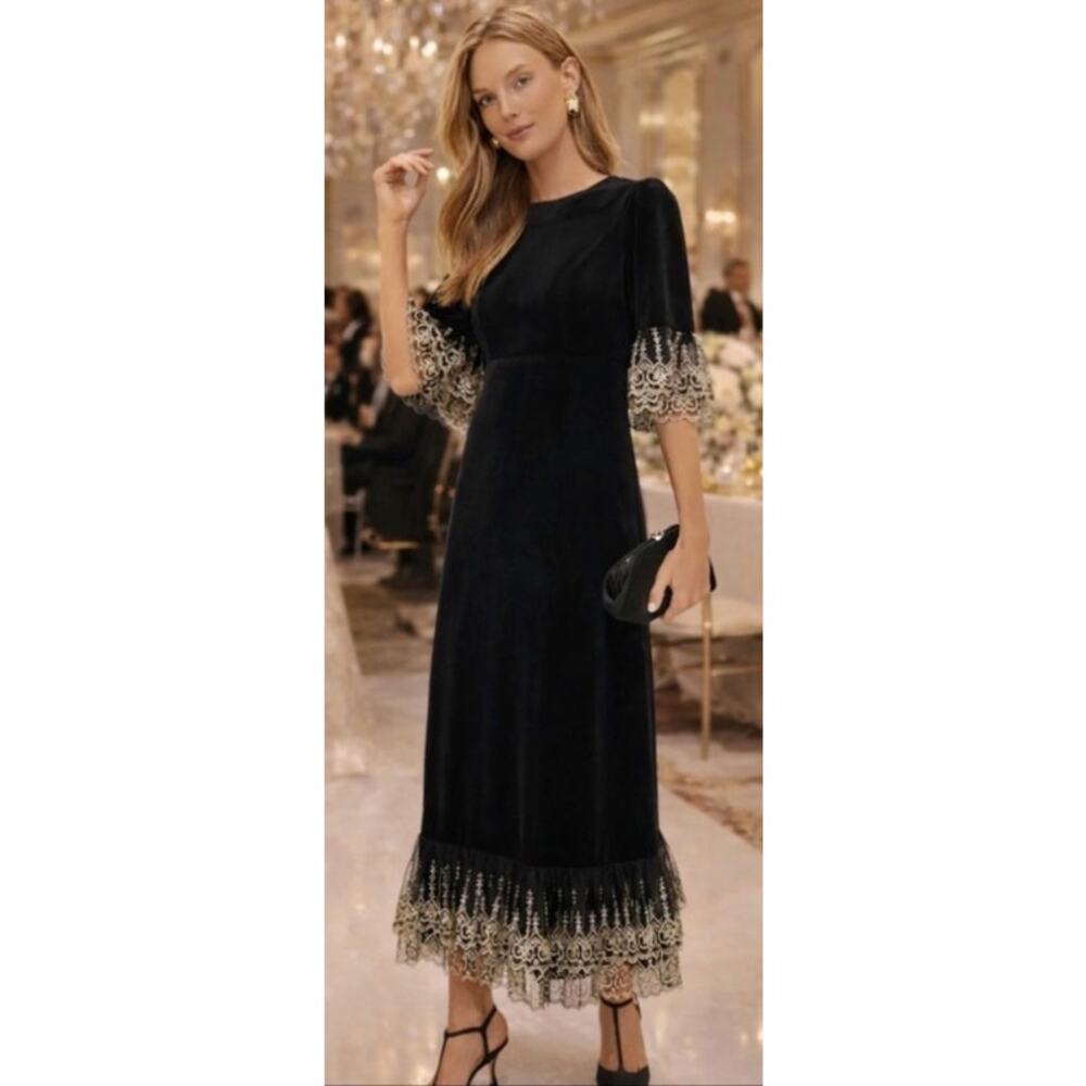 NWT Tuckernuck Pomander Place Lilith Black Gold Lace Ruffle Maxi Dress Size S - Picture 3 of 15
